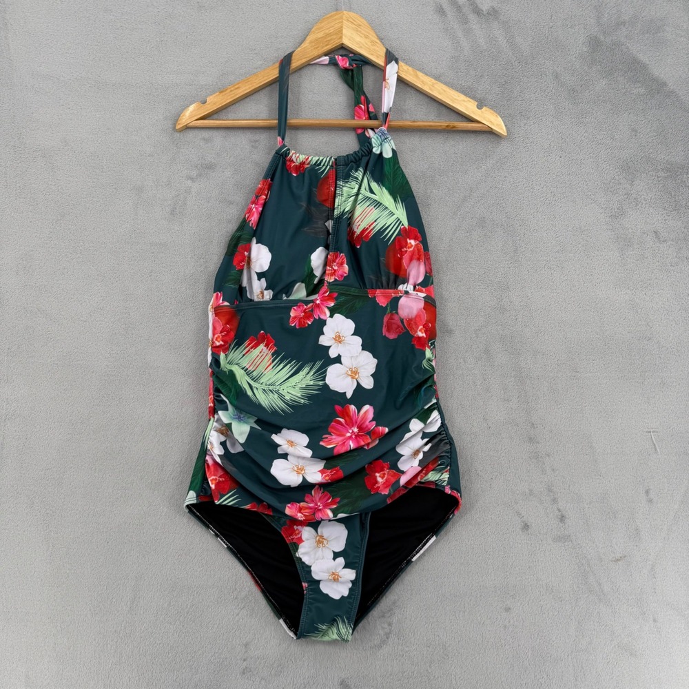 B2PRITY‎ Womens Floral Halter One Piece Swimsuit Ruched Keyhole Teal Green Large